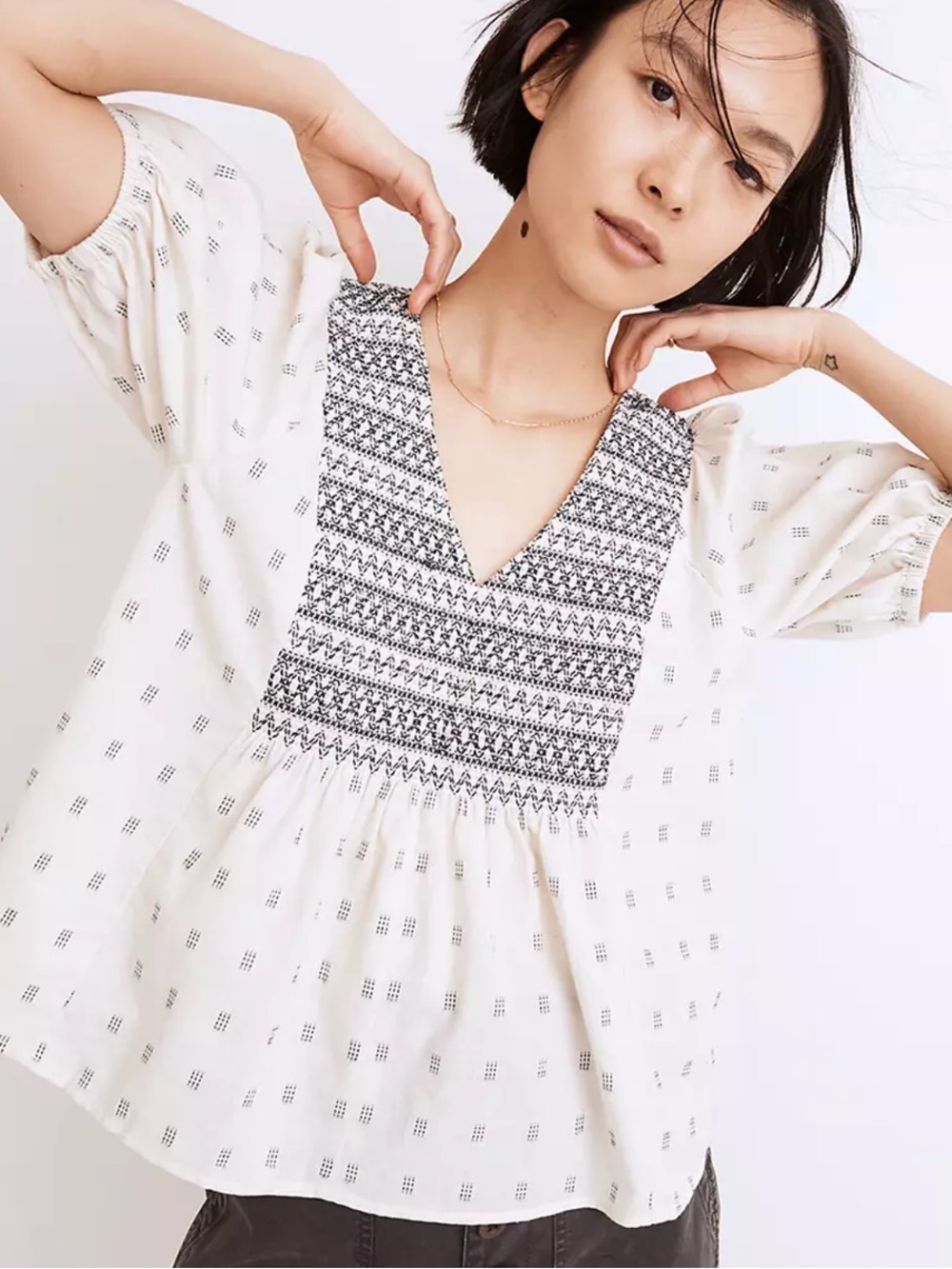Madewell Blue/Ivory Embroidered Yoke Top, Size Medium